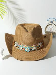 1個中性款流蘇貝殼裝飾波西米亞牛仔帽,帶遮陽罩草帽,適用於戶外活動 - 多色2 - 查看 13