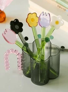 1支長柄彩色向日葵圖案玻璃攪拌勺,可愛的咖啡牛奶果汁甜點沙拉創意玻璃攪拌棒 - 白色 - 查看 5