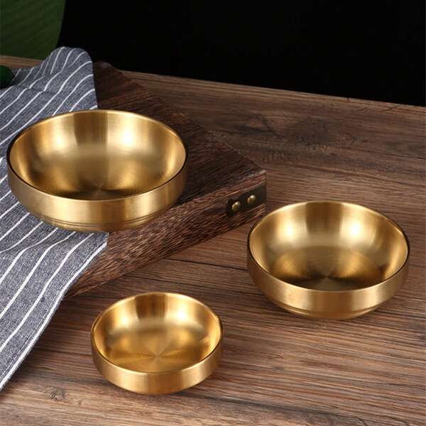 Prato com Dupla Camada Isolante Térmico e Anti-Escaldadura em Aço Inoxidável 304, com opção dourada e prateada, estilo coreano, adequado como tigela para crianças ou tigela para sopa quente, três tamanhos disponíveis para uso em piquenique familiar, festa ou restaurante, cozinha, presente de Natal