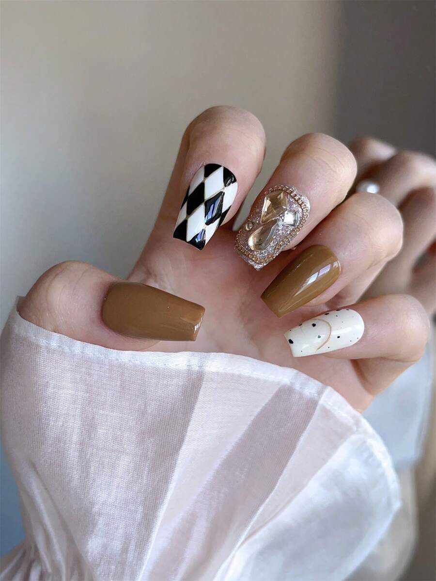 Elevate Your Style With 10Pcs Handmade Press On Nail False Nail Fake Nail Tip Coffin Nail Stickers Rhinestone Decor French White Butterfly Short Eye Cat 3D Creative Funny Comic Flower Floral Cute Modern Japanese Style Christmas For Women And Girl Wedding Winter Fall Christmas Nails White Black Red Gift Royal Blue Gothic Hot Pink Brown Y2K Summer Cherry Strawberry Nail Glitter Goth Pink Press On Nails Nail Supplies Nails - Brown - View 1