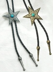 pooting bear 1pc American Western Cowboy Retro Five-Pointed Star Bolo Tie, Fashionable And Individual Style Unisex Buckle Tie Long Necklace Street,School - Multicolor - View 9