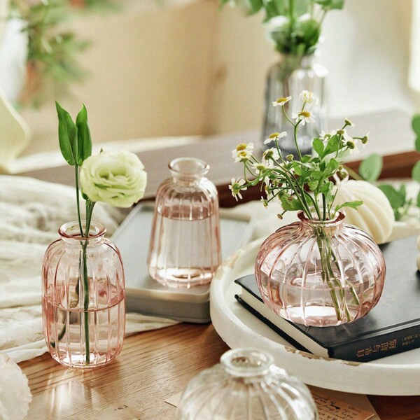 Glass Bud Vase Set, Small Flower Vases, Ribbed Clear Glass Vase, Mini Indoor Plant Pot, Cute Wedding Decor, House Warming Gifts For Her Home Decor Room Decor