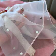 1條女士粉色假珍珠純色桑蠶絲羊毛披巾,優雅休閒風帶珍珠細節的紗巾,約會必備、抗衰老服裝配飾、旅行時的防曬紗巾 - 西瓜粉 - 查看 4