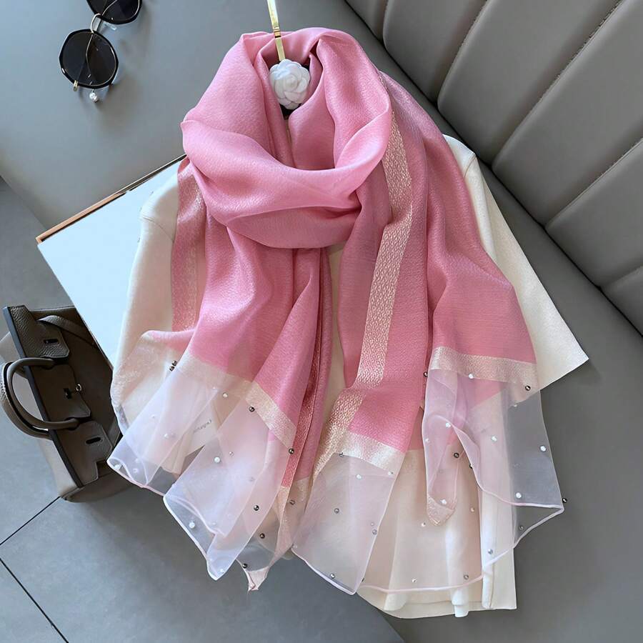 1條女士粉色假珍珠純色桑蠶絲羊毛披巾,優雅休閒風帶珍珠細節的紗巾,約會必備、抗衰老服裝配飾、旅行時的防曬紗巾 - 西瓜粉 - 查看 1