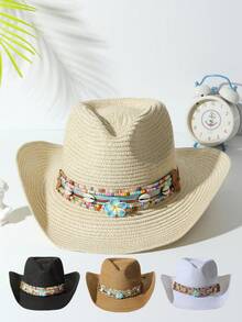 1個中性款流蘇貝殼裝飾波西米亞牛仔帽,帶遮陽罩草帽,適用於戶外活動 - 多色2 - 查看 8