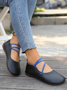 低帮平底女鞋，百搭舒适复古妈妈鞋，软底手工皮鞋，中跟 - 藍色 - 查看 2