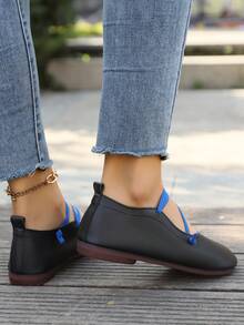 低帮平底女鞋，百搭舒适复古妈妈鞋，软底手工皮鞋，中跟 - 藍色 - 查看 5