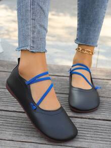 低帮平底女鞋，百搭舒适复古妈妈鞋，软底手工皮鞋，中跟 - 藍色 - 查看 3