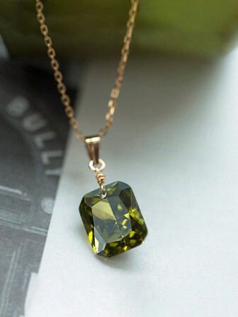1pc S925 Silver Geometric Olivine & Zirconia Pendant Necklace With Moss Green Color, Korean Style, 24k Gold Plated Trim, Suitable For Ladies