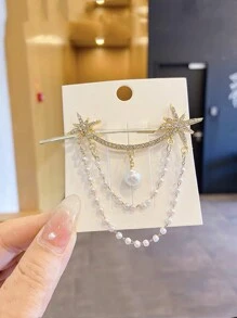 1 chiếc kẹp tóc thời trang đính ngọc trai giả và đá pha lê hình ngôi sao, mặt trăng, tua rua, dùng hàng ngày, kiểu kẹp càng cua. - Nhiều màu - Xem 4