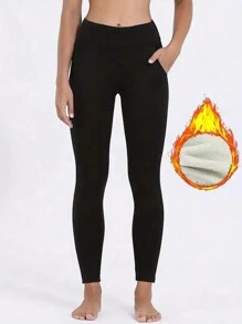 Warm Lined Yoga Pants With Pockets - Black - View 2