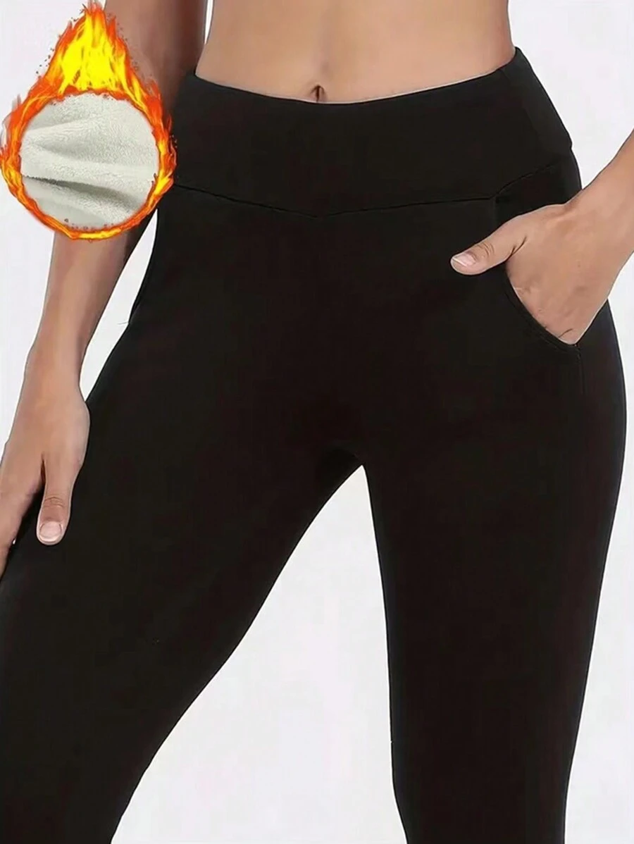 Warm Lined Yoga Pants With Pockets - Black - View 1