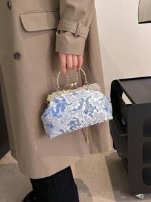 文藝藝術國風刺繡扣貝殼包2024新款鏈條斜挎包時尚晚宴包柔軟面手持小方包 - 銀色 - 查看 6