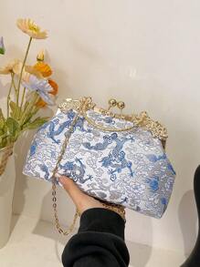 文藝藝術國風刺繡扣貝殼包2024新款鏈條斜挎包時尚晚宴包柔軟面手持小方包 - 銀色 - 查看 3