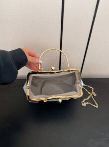 文藝藝術國風刺繡扣貝殼包2024新款鏈條斜挎包時尚晚宴包柔軟面手持小方包 - 銀色 - 查看 11