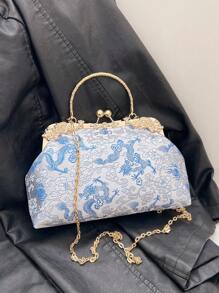 文藝藝術國風刺繡扣貝殼包2024新款鏈條斜挎包時尚晚宴包柔軟面手持小方包 - 銀色 - 查看 2