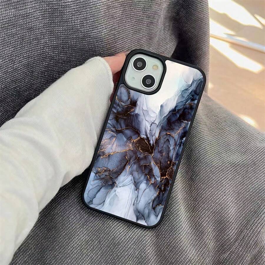 Marble Patterned Pc+Tpu Dual-Layered Phone Case With Black Border, Compatible With Apple Iphone 15 Pro Max/11/12/13, Samsung S23/22 - Multicolor - View 1