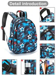 1 Mochila Unisex De Poliéster Con Estampado De Gran Capacidad Y Cierre De Cremallera, Ideal Para Uso Diario Y Escuela - Azul - Ver 3