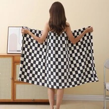 1pc Printed Bathrobe, Women's Plus Size Soft And Absorbent Towelling Robe - Black - View 2