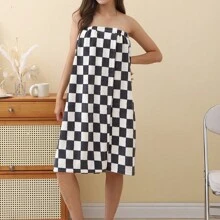 1pc Printed Bathrobe, Women's Plus Size Soft And Absorbent Towelling Robe - Black - View 1