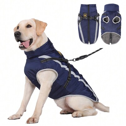 Chaqueta De Invierno Reflectante Y Engrosada Para Mascotas, Chaqueta Impermeable Y Resistente Al Viento Para Perros Con Arnés, Adecuada Para Perros Medianos Y Grandes, Interior Cálido De Felpa De Coral Suave Y Cómoda