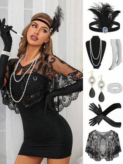 7pc 1920 Flapper Artificial Feathers Headband Alloy Rhinestone Earring Long Pearl Choker Necklace 1920s Shawl Satin Gloves Set For Women 20s Flapper Accessories Gasby Theme Party