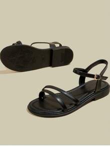 Women's Black Flat Open Toe Strap Sandals, Simple Minimalist Thin Strap Soft Bottom Beach One-Buckle Strap Sandals
