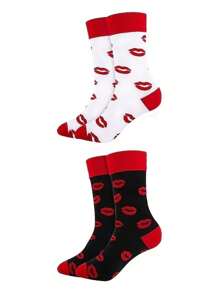 2 Pares De Calcetines Unisex De Media Pantorrilla De Estilo De Pareja Con Impresión De Labios Besando, Calcetines De Moda - Multicolor - Ver 1