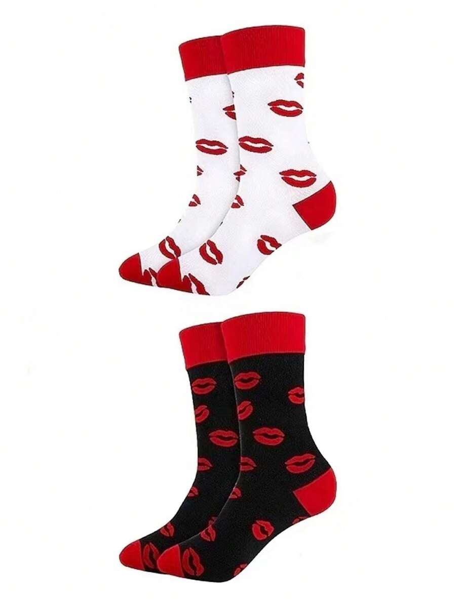 2 Pares De Calcetines Unisex De Media Pantorrilla De Estilo De Pareja Con Impresión De Labios Besando, Calcetines De Moda - Multicolor - Ver 1