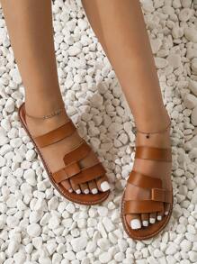 Women's 2024 Casual Fashionable Adjustable Strap Solid Color Platform Flat Non-Slip Durable TPR Outdoor Round Toe Stitching Beach Sandals, For Wide Feet Recommend Ordering One Size Down