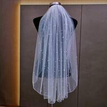 Affordable Bridal Wedding Veil, Short Length With Pencil Edge & Pearls, 1pc Fall Clothes For Women - Multicolor - View 4