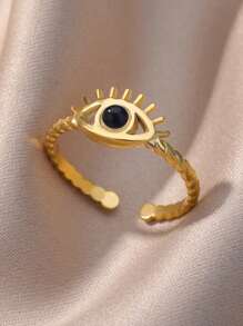 1 pieza Anillo abierto con ojo turco de la suerte, estilo europeo y americano, anillo ajustable de acero inoxidable dorado para mujer, joya de pareja de moda como regalo - Amarillo Oro - Ver 11