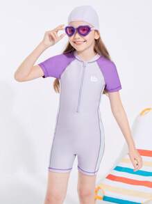 Balabala 少女游泳衣夏季鮮豔拼色彈力短袖中大童一件式泳衣 紫色 - 紫色 - 查看 2