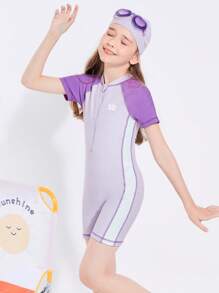 Balabala 少女游泳衣夏季鮮豔拼色彈力短袖中大童一件式泳衣 紫色 - 紫色 - 查看 3