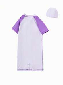 Balabala 少女游泳衣夏季鮮豔拼色彈力短袖中大童一件式泳衣 紫色 - 紫色 - 查看 6