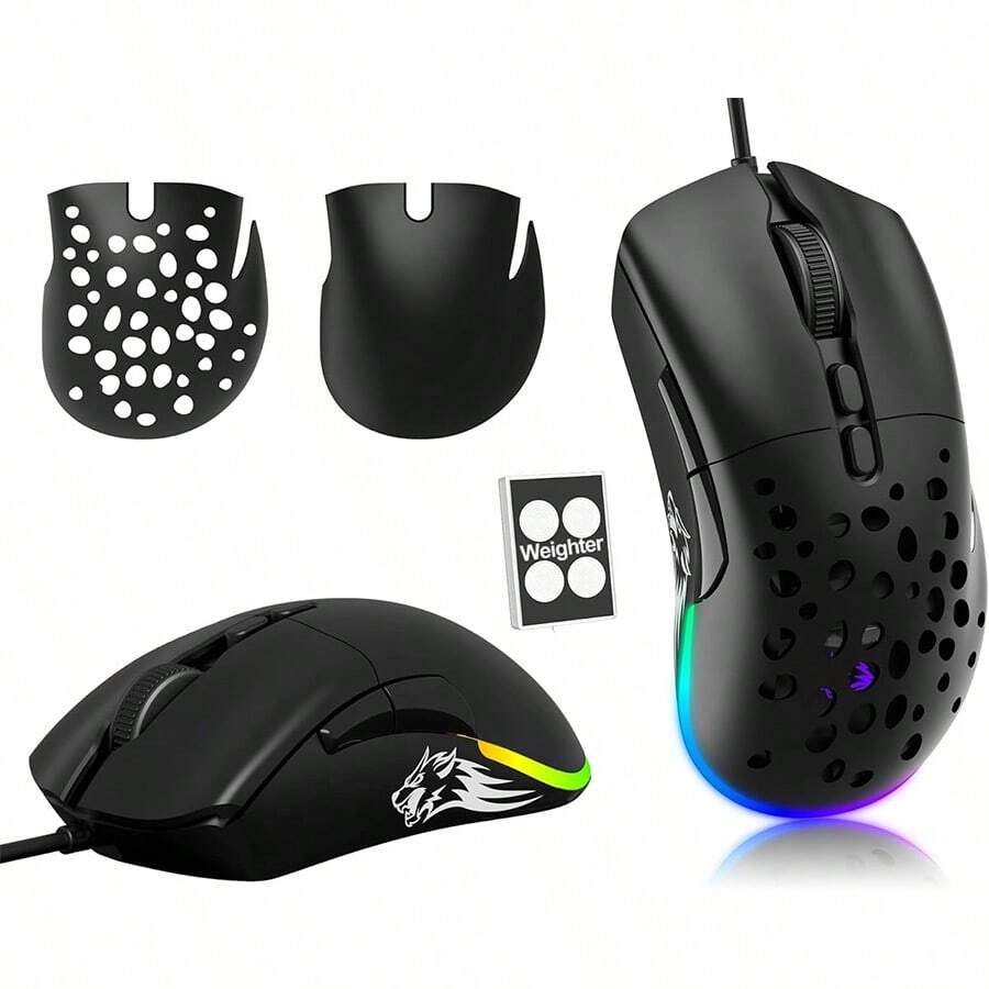MAGIC-REFINER Wired Gaming Mouse With Side Buttons RGB Backlit Honeycomb With Weight Tuning, Adjustable Weight, Extra Replaceable Cover,12,000 DPI Optical Sensor Programmable For Windows PC Gamers - Black - View 1