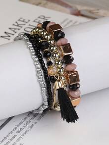 5pcs/Set Bohemia Style Multilayer Chain Tassel Pendant Bead Bracelet Jewelry - Black - View 3