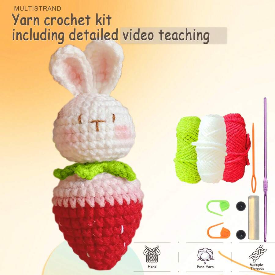 兔子和草莓編織套件（適合初學者）,amigurumi 布填動物-禮物動物編織入門套件,一體化完整編織套件,包含說明書和逐步視頻教程,幫助成年人學習編織,可愛的動物娃娃 Diy 手工藝品適用於家居裝飾,可製作成假日,聖誕節,復活節,母親節等禮物 - 粉色 - 查看 1
