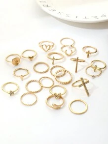 22pcs Rhinestone Inlaid Fashion Ring Y2k Punk Cross Butterfly Heart Multi-Element Ring Set Suitable For Women's Daily Wear Valentines,Mom,Mother,Mother's Day,Gift - Gold - View 3