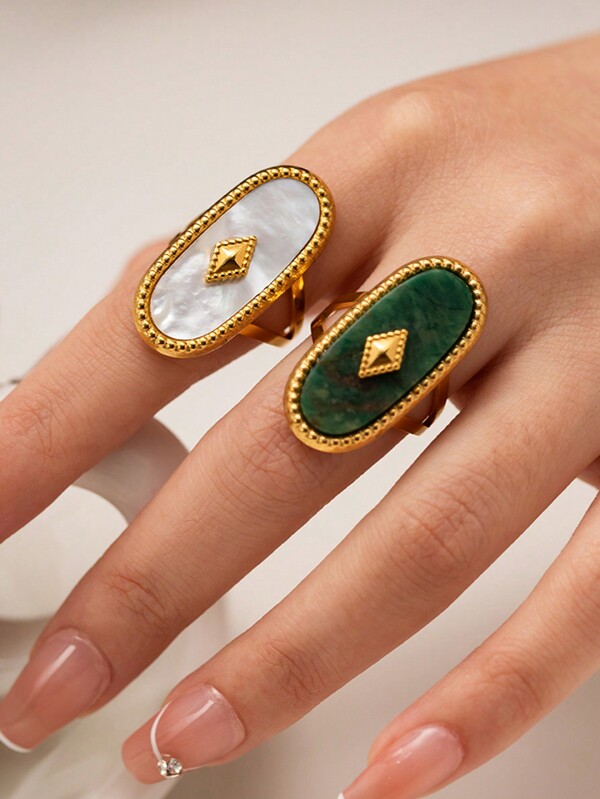 Uworld 1 Peça Anel Vintage Luxuoso Em Aço Inoxidável Banhado A Ouro 18k Com Pedras De Goldstone Azul E Jade Africana, Adequado Para Uso Diário E Fabricação De Pulseiras Femininas