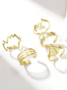 5入組不鏽鋼黃金鍍18k金時尚圖案女戒指套裝,可調整開口大小,適合日常裝飾或送禮 - 金黃色 - 查看 2