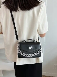 Minimalist Solid Color Bowknot Design Handbag With Chunky Chain Strap Valentines - Black - View 2
