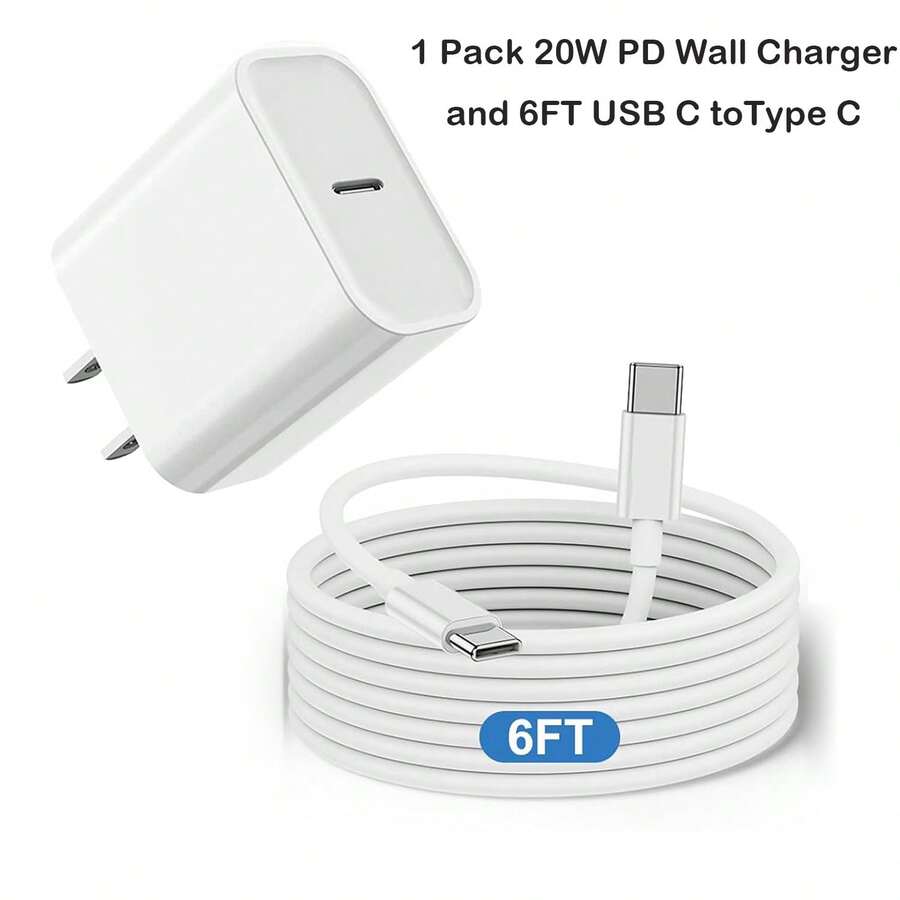 USB C充電器，兼容iPhone 15，1入20W PD牆充電器塊和6英尺USB C到C快速充電線，兼容iPhone 15/15 Pro Max/15 Pro/15 Plus，iPad Pro/Air/Mini等設備 - 白色 - 查看 1