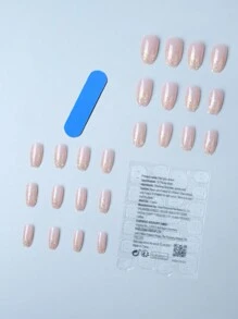 Trasforma Le Tue Unghie Con 24 Pezzi Di Unghie Finte A Forma Di Sarcofago Corto Glitterati E Paillettes & 1 Pezzo Di Lima Per Unghie E 1 Foglio Di Nastro Adesivo Per Unghie. Forniture Per Unghie - Rosa antico - Visualizzare 2