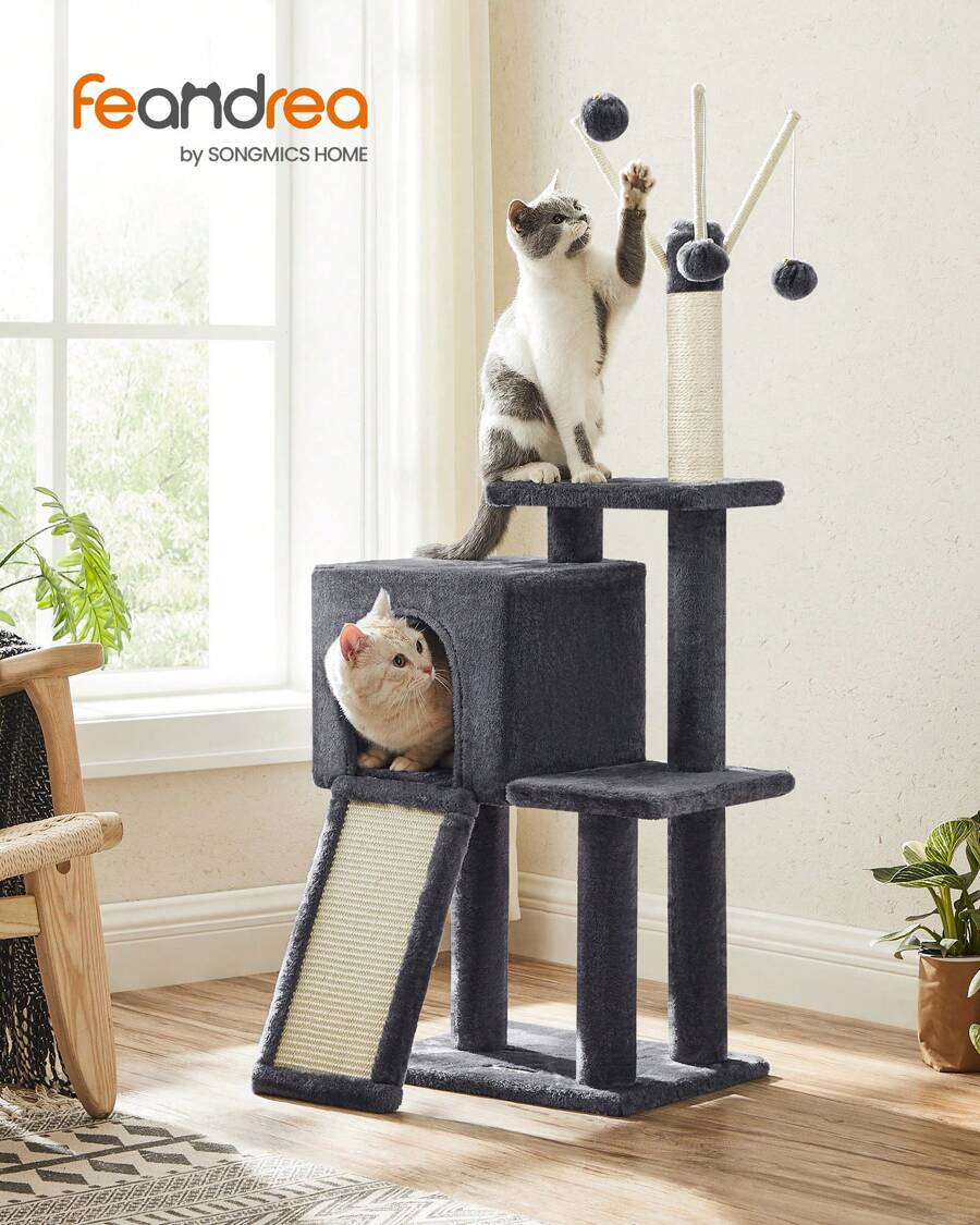 Feandrea Cat Tree, 46.5in Cat Tower For Indoor Cats, Kittens, Multi-Level Plush Cat Condo, 16.5 X 12.6 X 46.5 Inches, Scratching Post, Ramp, 3 Removable Pompom Sticks, Cat Cave,Dark Grey, Light Grey - Than xám - Xem 1