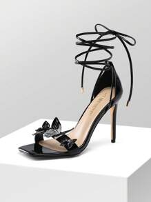 Women Butterfly High Heeled Sandals, Tie Leg Design Stilletos Heels, Sexy Square Toe Summer Heels, For Party Prom Wedding Summer Spring Wearing - Black - View 2