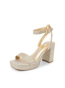 Women Chunky High Heeled Sandals, Adjustable Buckle Decor Ankle Strap Platform Sandals, Glamorous Open Toe Banquet Heeled Sandals, For School Party Prom, Wedding - 金色亮片 - 查看 3