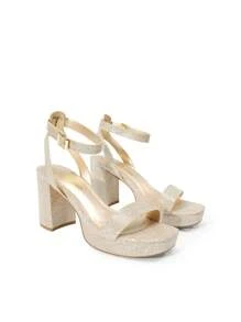 Women Chunky High Heeled Sandals, Adjustable Buckle Decor Ankle Strap Platform Sandals, Glamorous Open Toe Banquet Heeled Sandals, For School Party Prom, Wedding - 金色亮片 - 查看 7