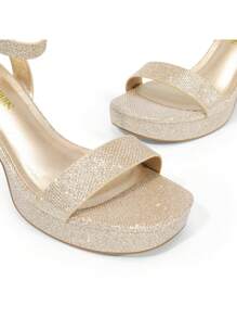 Women Chunky High Heeled Sandals, Adjustable Buckle Decor Ankle Strap Platform Sandals, Glamorous Open Toe Banquet Heeled Sandals, For School Party Prom, Wedding - 金色亮片 - 查看 4