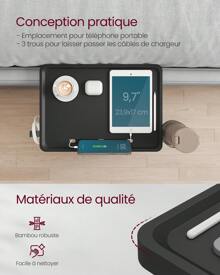 VASAGLE Table de Chevet, Plateau de Lit, Étagère de Lit, pour Lit Superposé, pour Lit Mezzanine, Emplacement pour Téléphone, Porte-Verre Rotatif, Crochet, Pinces Réglables, Noir d'Encre - Noir - Voir 3